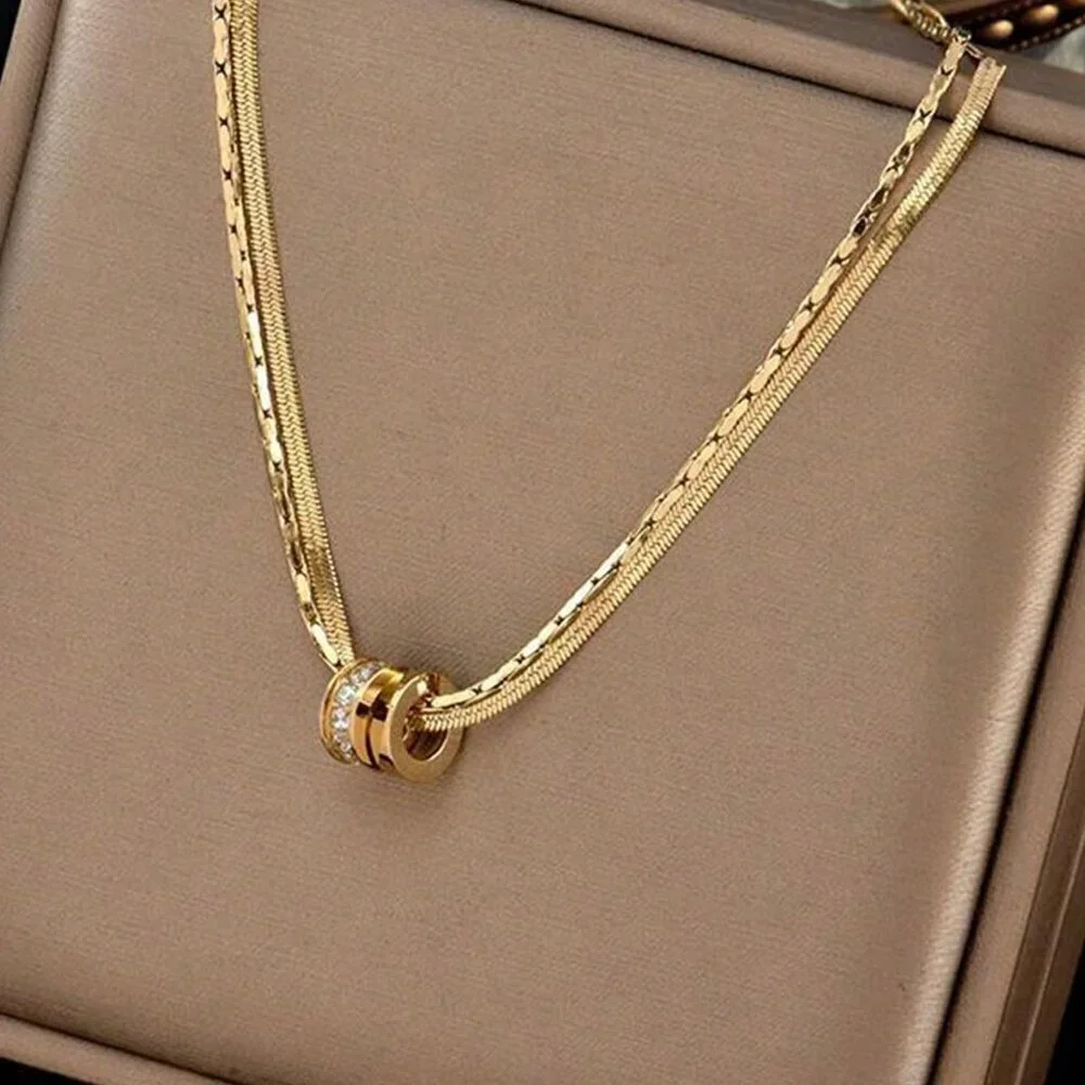 Silver Casual Women's Stainless Steel Round Cz Inlaid Double Layer Necklace